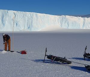 The sea ice in this locality is over 1.7m thick so it takes some time to drill through - here an expeditioner is nearly through the full thickness