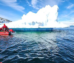 A photo taken during watercraft operations of a relatively small iceberg.