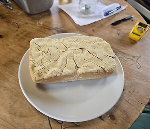 Bread loaf which look hard and flat on a plate
