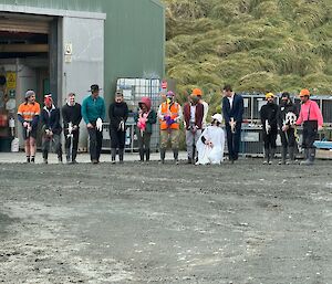 People dressed up and standing in a line with hobby-horses between their legs.