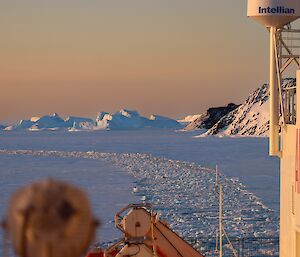 Looking aft from RSV Nuyina as it cuts through the sea ice