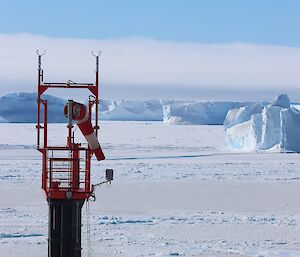 Looking through the forward mast of RSV Nuyina to large icebergs ahead