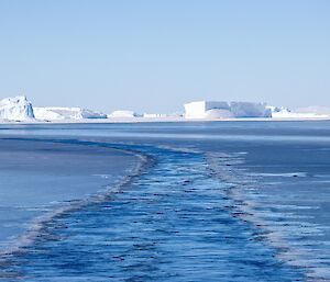 A ship-sized path of open water, cutting through the sea ice, with icebergs in the distance