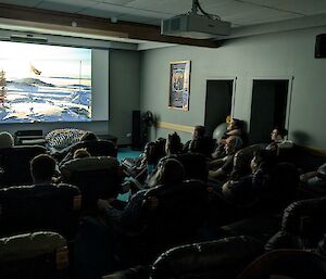 A view inside the Casey Odeon theater filled with expeditioners as the 5 minute film is premiered
