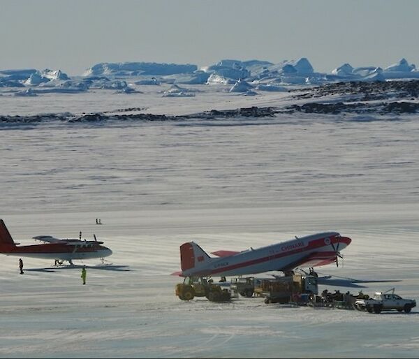 Twin Otter and Basler parked on Sea Ice outside Davis Station