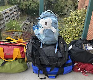 A selection of packed kit bags, with toy koala sticking out of front pocket of backpack on top of the pile