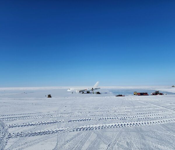 Plane on ice runway with blue sky background