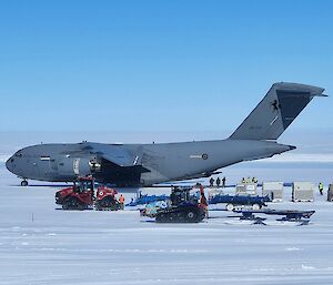 RAAF C17 on ice runway being loaded up with blue sky background
