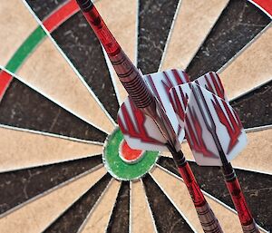 Three darts in a dart board - one down the middle of another