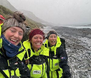 Three women in yellow outdoor gear on a beach with snow around