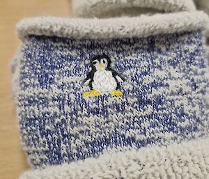 Issued sock with Adelie penguin image sewn into it.