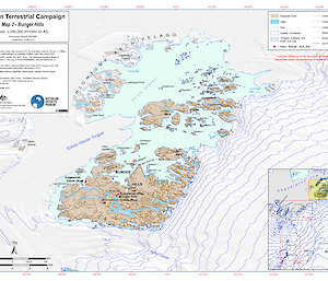 A map of the Bunger Hills in Antarctica showing ice contours, rocks and ocean.