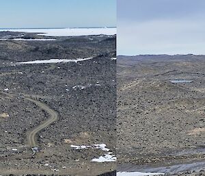 A before and after image comparison from a greater distance showing the restoration effort. The after image shows how all evidence of the track is gone and it looks like the surrounding natural landscape again.