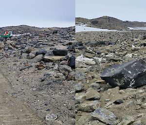 A before and after image comparison showing the difference the restoration effort has made. The after image shows how all evidence of the track is gone and it looks like the surrounding natural landscape again.