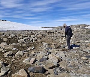 An individual works with a rake to move rocks around covering up the old track.