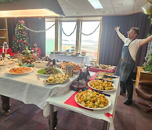 The Mawson chef Mikey with all the food prepared for Christmas