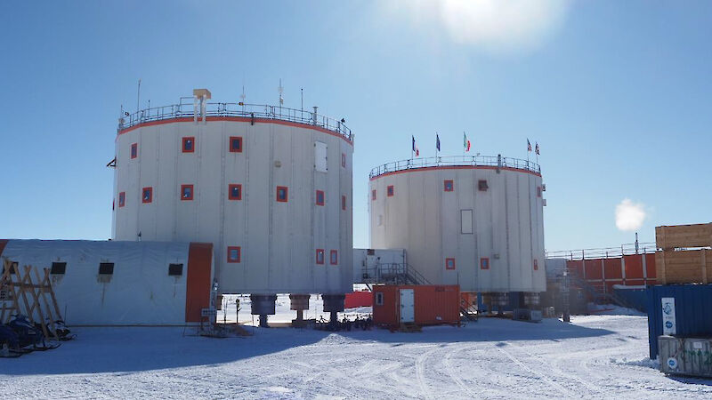 External view of Concordia station - two cylindrical shaped buildings