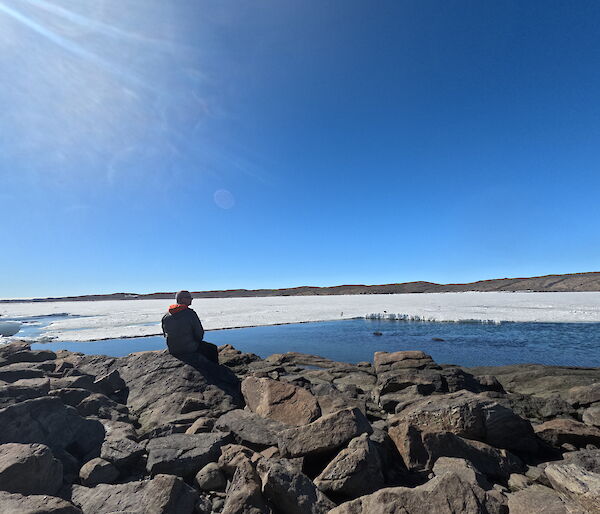 Louis sits on a rock at Merchants Landing, overlooking the water, ice and distant landscape