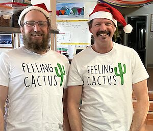 Aaron Munro and Peter Caithness with matching tshirts that read 'Feeling Cactus'