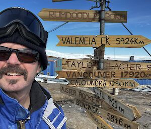 Peter and the signpost at Mawson