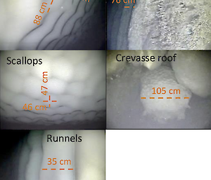 A series of photos taken underneath an ice shelf showing different patterns produced in the ice by water flow.