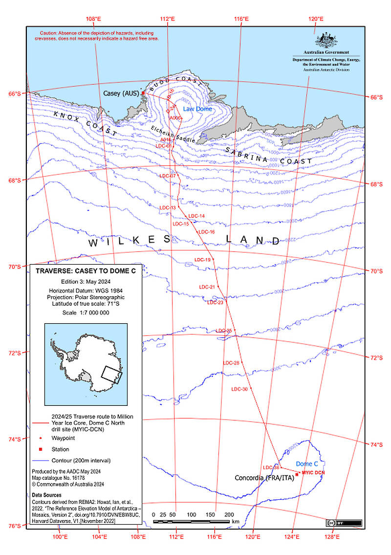 A map showing the route taken by a tractor traverse team from the Antarctic coast, inland 1200 km to Dome C North.