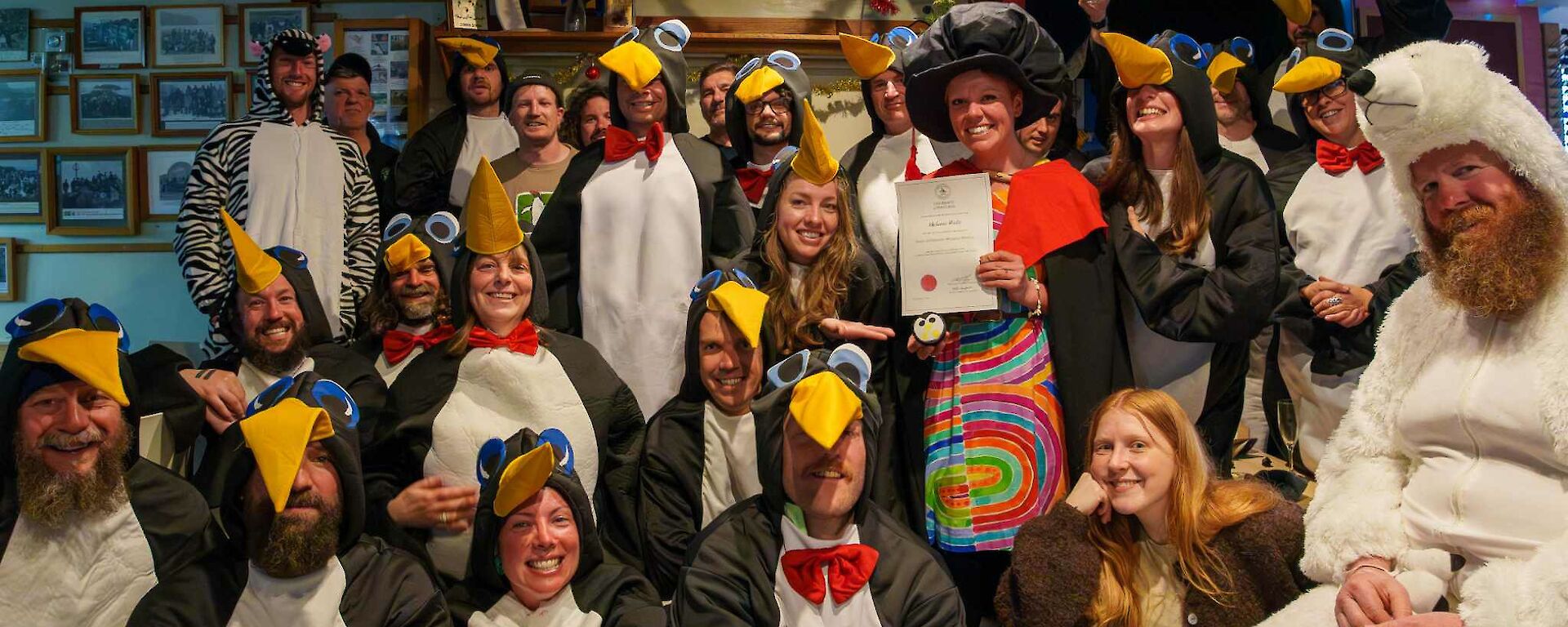 A group photo with most participants dressed in penguin costumes, but one in a polar bear outfit and one as a zebra