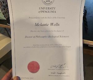 Picture of a graduation certificate from the 'university of penguinia' under the 'seal of the penguin' and signed by the Station Leader and Station Doctor