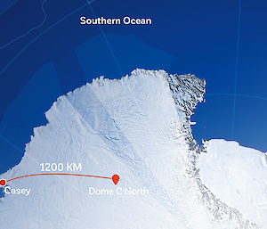 A map showing the distance between Casey and Dome C North in Antarctica