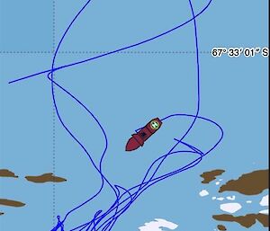 A plan view of the Nuyina's track after coming into Kista Strait