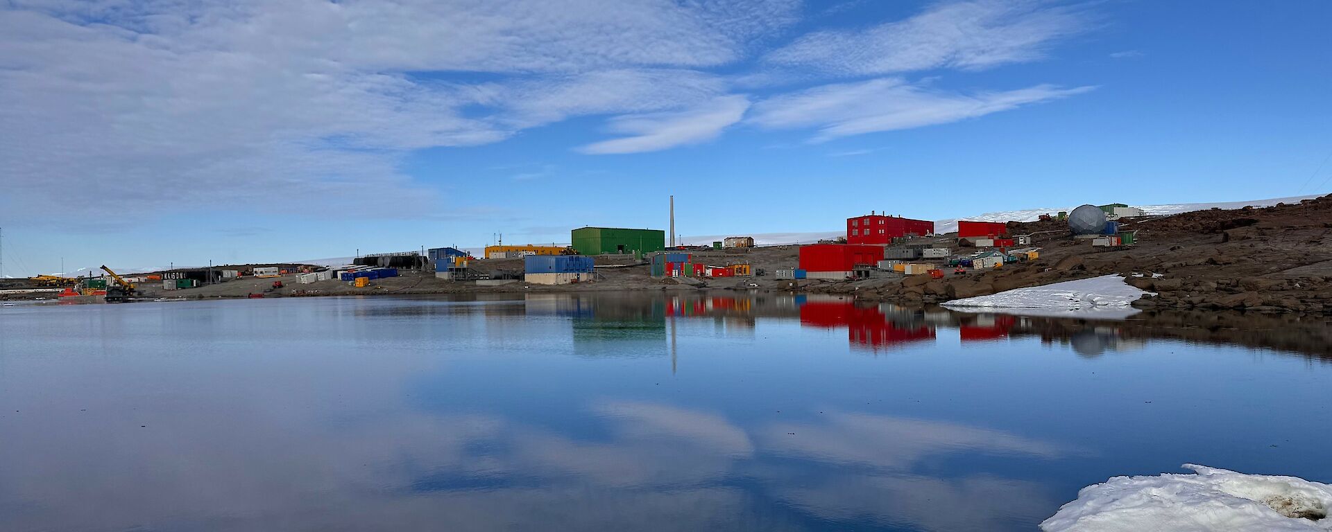 Station buildings in the background, still lake in the foreground