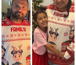 Two photos - a man wearing a Christmas jumper on the left, saying 'family', and a woman and child on the right, with the woman wearing the same jumper.