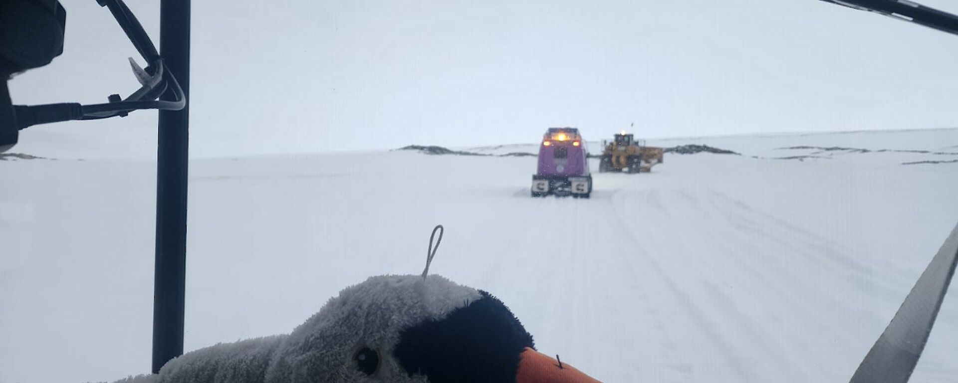 Image of plush toy on dash of Hagg. Background is snow track with Hagg and other plant vehicles driving ahead.