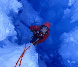 Image of a scientist abseiling inside a crevasse.