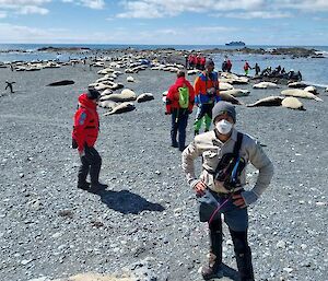 Ranger with mask smiles to camera, in the background tourists on beach amongst young seals and in the distance a ship on the horizon