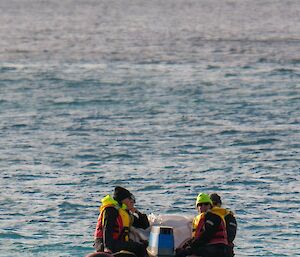 Four personnel in dry suits and life jackets, sitting on sides of IRB, as it travels out to sea away from camera.