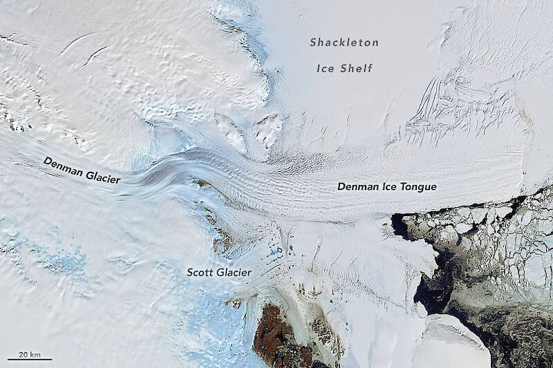 A satellite image showing the flow of the Denman Glacier in to the Shackleton Ice Shelf
