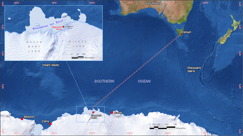 A map showing the location of the Denman Glacier to the south of Australia.