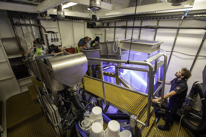 Two large tanks mounted inside a watertight room on the ship. Two people look for organisms flowing out one end while a third person looks through a glass tank for fragile creatures.