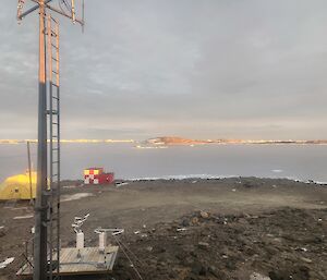 Davis station in the foreground, with sea ice in the background