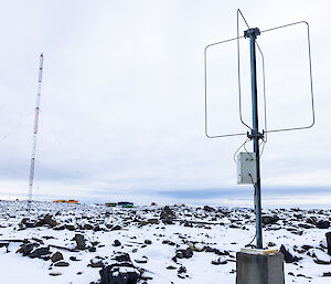 An antenna and a transmission tower, some distance apart, mounted on snow-covered ground.