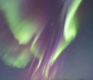 A green and purple aurora ripple across the sky above a small hut on snow-covered ground