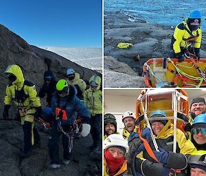 People in hi vis doing training on a rocky mountain and near the sea