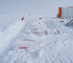 One-metre long boxes filled with ice cores sitting beside a trench dug in the snow.