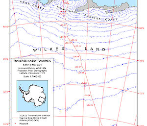 A map showing the 1200 km route from Casey on the Antarctic coast, to Dome C North, inland.