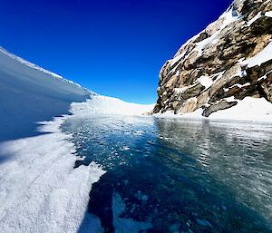 A snow ledge on the left, a frozen river in the middle and a rock ledge on the right - real contrast