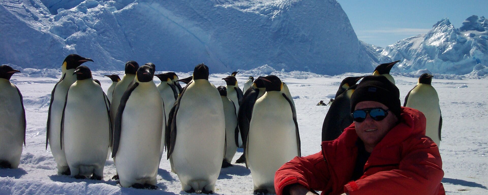 A man in red outdoor gear sits on the ice with emperor penguins standing behind him