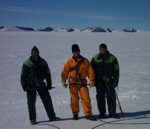 Expeditioners in freezer suits standing on an icy plain with rocky hills in the background