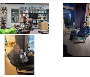 People sitting in chairs in the library with a hot water bottle