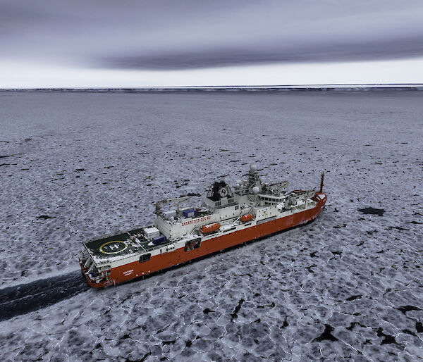 An aerial shot of a red and white icebreaker cutting a swathe through pancake ice